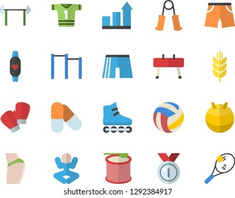 Color flat icon set barbell flat vector, medal, volleyball, achievement chart, buttocks, carpal expander, parallel bars, sports equipment horse, athletic shorts, fitball, boxing gloves, pills, yoga