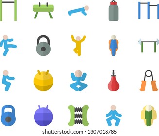 Color flat icon set barbell flat vector, weight, carpal expander, parallel bars, sports equipment horse, pear, fitball, yoga, gymnastics, squats, push up, size, lose