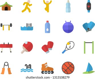 Color flat icon set barbell flat vector, basketball, carpal expander, parallel bars, sports equipment horse, fitball, boxing gloves, roller Skates, gymnastics, run, water, pool, fitness bracelet