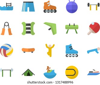 Color flat icon set barbell flat vector, skateboard, volleyball, carpal expander, sports equipment horse, athletic shorts, tennis ball, fitball, roller Skates, push up, gymnastics, pool, table, tent