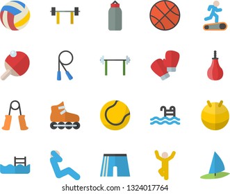 Color flat icon set barbell flat vector, basketball, volleyball, skipping rope, carpal expander, sports pear, athletic shorts, tennis ball, fitball, boxing gloves, roller Skates, Treadmill, pool
