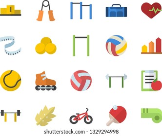 Color flat icon set barbell flat vector, pedestal, volleyball, heartbeat, diet, achievement chart, centimeter, bicycle, carpal expander, parallel bars, tennis ball, roller Skates, pills, table