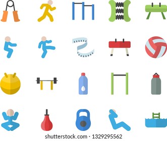 Color flat icon set barbell flat vector, weight, volleyball, centimeter, carpal expander, parallel bars, sports equipment horse, pear, fitball, yoga, gymnastics, squats, swing press, run, water