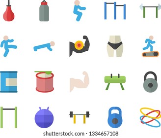 Color flat icon set barbell flat vector, weight, muscles, waistline, parallel bars, sports equipment horse, pear, fitball, Treadmill, gymnastics, squats, push up, proteins, steroids, hoop