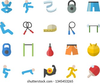Color flat icon set barbell flat vector, weight, centimeter, muscles, skipping rope, parallel bars, sports pear, athletic shorts, fitball, yoga, gymnastics, squats, push up, swing press, run