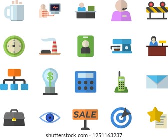 Color flat icon set barrier flat vector, coffee machine, factory, hierarchy, idea, sell out, eye, diagnostics, briefcase, clock, calculator, telephone, phone operator, office worker, target, mail