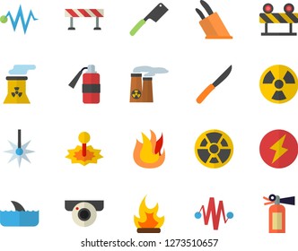 Color flat icon set barrier flat vector, knives, fire, bonfire, radiation, laser, nuclear power plant, lightning, electric discharge fector, surveillance camera, shark, extinguisher