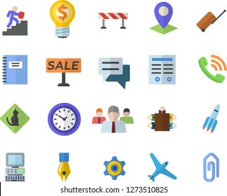 Color flat icon set barrier flat vector, location, cogwheel, team, phone call, idea, clock, sell out, chat, ink pen, meeting, contract, career ladder, rocket, computer, notebook, aircraft fector