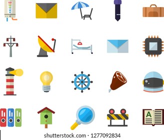 Color flat icon set barrier flat vector, boiler, ham, nesting box, power line support, satellite antenna, motherboard, lighthouse, magnifier, hospital bed, folder, tie, mail, bulb, sport bag, book