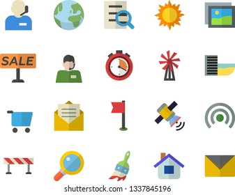 Color flat icon set barrier flat vector, windmill, paint brush, house, sun, grocery trolley, telephone operator, sell out, magnifier, phone, satellit, stopwatch, sports flag, earth fector, gallery