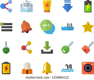 Color flat icon set battery flat vector, person, chat, pool, sun protection cream fector, key, bell, share, menu, download, message, favorites, camera