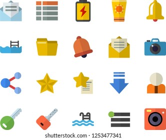 Color flat icon set battery flat vector, person, computer file, pool, sun protection cream fector, key, bell, share, menu, download, message, favorites, camera