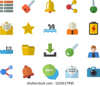 Color flat icon set battery flat vector, person, chat, computer file, pool, key fector, bell, share, menu, download, message, favorites, camera