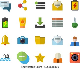 Color flat icon set battery flat vector, person, chat, computer file, pool, sun protection cream fector, bell, share, menu, download, message, favorites, key, camera