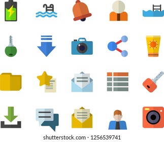 Color flat icon set battery flat vector, person, chat, computer file, pool, sun protection cream fector, bell, share, menu, download, message, favorites, key, camera