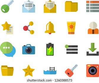 Color flat icon set battery flat vector, person, chat, computer file, pool, sun protection cream fector, key, bell, share, menu, download, message, favorites, camera