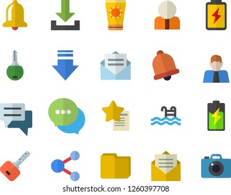 Color flat icon set battery flat vector, person, chat, computer file, pool, sun protection cream fector, bell, share, download, message, favorites, key, camera