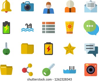 Color flat icon set battery flat vector, person, chat, computer file, pool, sun protection cream fector, key, bell, share, menu, message, favorites, camera