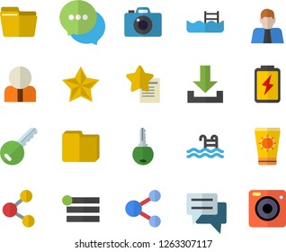 Color flat icon set battery flat vector, person, chat, computer file, pool, sun protection cream fector, key, share, menu, download, favorites, camera