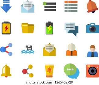 Color flat icon set battery flat vector, person, chat, computer file, pool, sun protection cream fector, bell, share, menu, download, message, camera