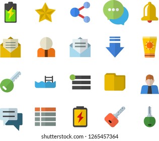 Color flat icon set battery flat vector, person, chat, computer file, pool, sun protection cream fector, key, bell, share, menu, download, message, favorites