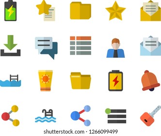 Color flat icon set battery flat vector, person, chat, computer file, pool, sun protection cream fector, bell, share, menu, download, message, favorites, key