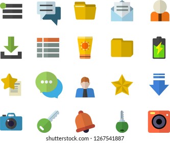 Color flat icon set battery flat vector, person, chat, computer file, sun protection cream fector, key, bell, menu, download, message, favorites, camera