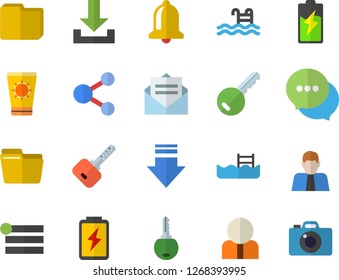 Color flat icon set battery flat vector, person, chat, computer file, pool, sun protection cream fector, key, bell, share, menu, download, message, camera