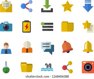 Color flat icon set battery flat vector, person, chat, computer file, pool, bell, share, menu, download, message, favorites, key, camera