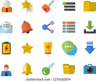 Color flat icon set battery flat vector, person, chat, computer file, sun protection cream fector, key, bell, share, menu, download, message, favorites, camera