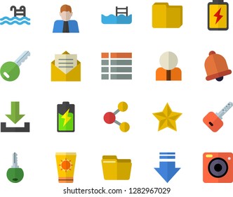Color flat icon set battery flat vector, person, computer file, pool, sun protection cream fector, key, bell, share, menu, download, message, favorites, camera