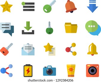 Color flat icon set battery flat vector, chat, computer file, sun protection cream fector, key, bell, share, menu, download, message, favorites, camera