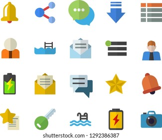 Color flat icon set battery flat vector, person, chat, pool, key fector, bell, share, menu, download, message, favorites, camera