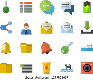 Color flat icon set battery flat vector, person, chat, computer file, pool, sun protection cream fector, key, bell, share, menu, download, message, camera