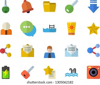 Color flat icon set battery flat vector, person, chat, computer file, pool, sun protection cream fector, key, bell, share, download, message, favorites, camera