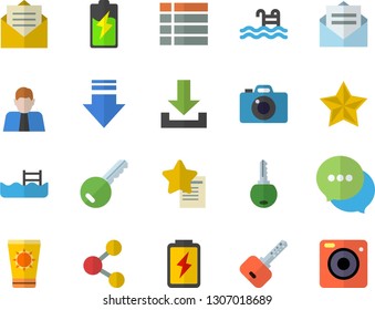 Color flat icon set battery flat vector, person, chat, pool, sun protection cream fector, key, share, menu, download, message, favorites, camera