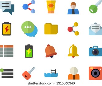 Color flat icon set battery flat vector, person, chat, computer file, pool, sun protection cream fector, key, bell, share, menu, message, camera