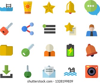 Color flat icon set battery flat vector, person, chat, computer file, pool, sun protection cream fector, key, bell, share, menu, download, message, favorites, camera