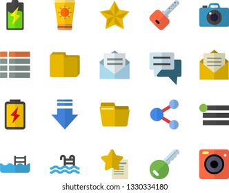 Color flat icon set battery flat vector, chat, computer file, pool, sun protection cream fector, key, share, menu, download, message, favorites, camera