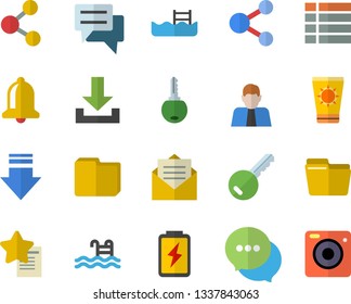 Color flat icon set battery flat vector, person, chat, computer file, pool, sun protection cream fector, key, bell, share, menu, download, message, favorites, camera