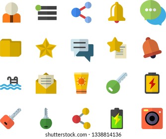 Color flat icon set battery flat vector, person, chat, computer file, pool, sun protection cream fector, key, bell, share, menu, message, favorites, camera