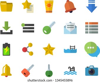Color flat icon set battery flat vector, chat, computer file, pool, sun protection cream  , key, bell, share, menu, download, message, favorites, camera
