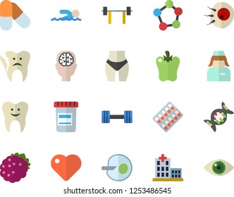 Color flat icon set bell pepper flat vector, blackberry, pill packaging, vial, heart, hospital, nurse, molecules, artificial insemination, tooth, broken, dna, brain fector, dumbbell, barbell, pills