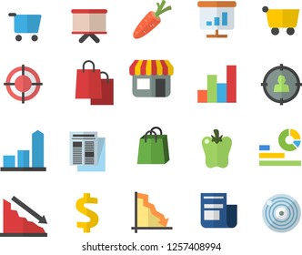 Color flat icon set bell pepper flat vector, carrot, store front, grocery trolley, target audience, crisis, chart, dollar, statistics, flipchart, bags, news