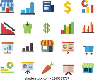 Color flat icon set bell pepper flat vector, carrot, store front, grocery trolley, crisis, chart, dollar, statistics, flipchart, news, statistic, presentaition board, shop fector