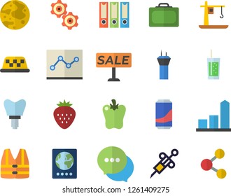Color flat icon set bell pepper flat vector, lemonade, soda, Strawberry, crane, chart, sell out, chat, syringe, implant, point diagram, moon, cogwheel, folders for papers, airport tower fector, taxi