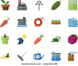 Color flat icon set bell pepper flat vector, cucumber, blackberry, home plant, carrot, hose, seedlings, rake, watering can, solar battery, power line support, hydroelectric station, nuclear