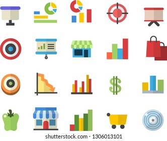Color flat icon set bell pepper flat vector, store front, grocery trolley, crisis, chart, dollar, statistics, flipchart, bags, statistic, target, presentaition board, shop fector