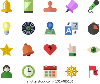 Color flat icon set bell flat vector, translate, calendar, stamp, drawing pin, steering wheel, microphone, mobile, user, clock, indicate, heart, favorites, eye, lamp, target, stopwatch, location