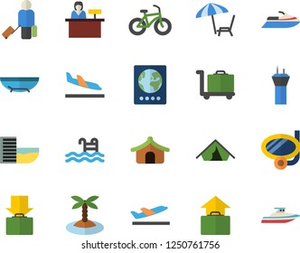 Color flat icon set bicycle flat vector, pool, airport tower fector, luggage, passport, tent, hotel first line, arrival, departure, get, hand, sea beach, chaise lounge, island, swimming mask, yacht